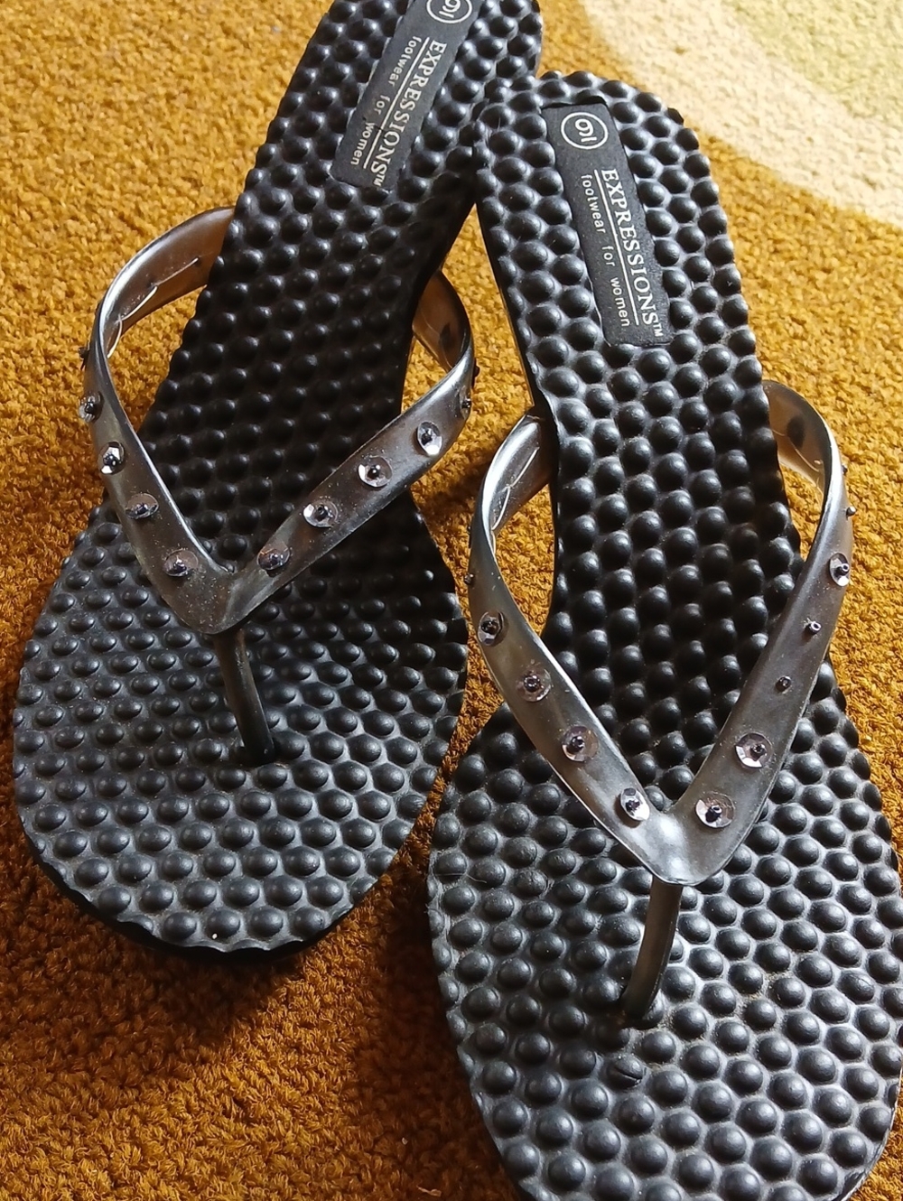 Expressions Black Textured Flip Flops with Silver Studded Straps